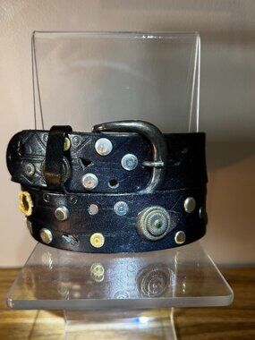 VTG Black Genuine Leather Womens Studded Decorative Rivets Statement - 35"